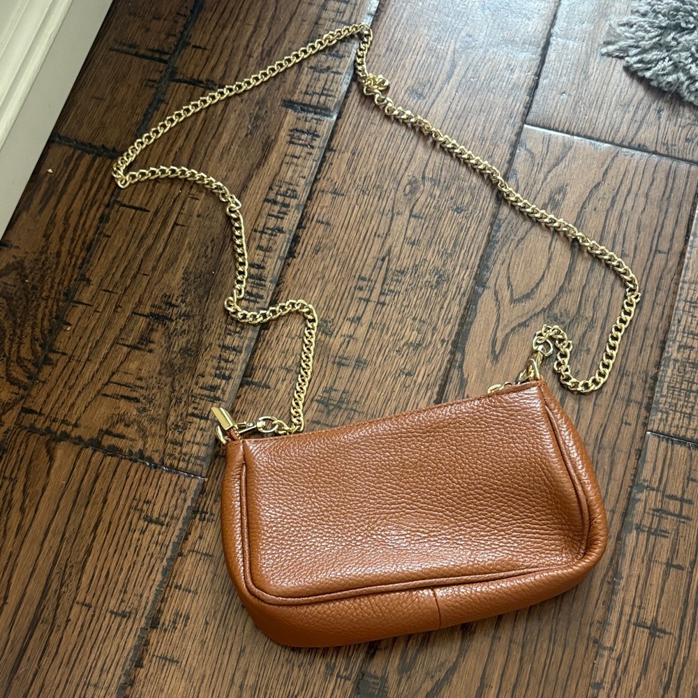 Leather Crossbody Bag with Gold Chain - Brown